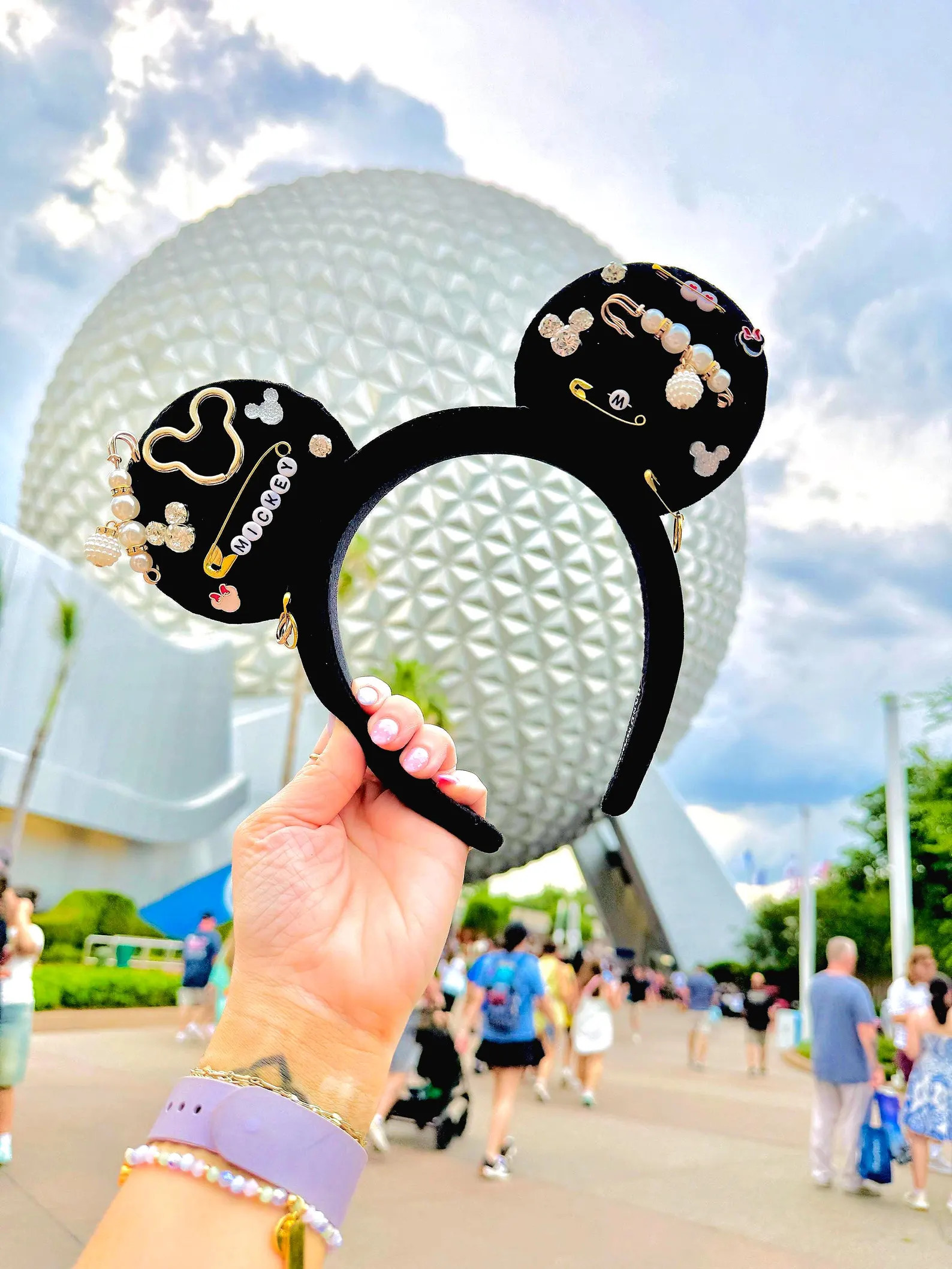 Charm Black Velvet Minnie Ears Headband, Gold Safety Pin Charm Detail, Pearl Mouse Ears, Edgy Dis... | Etsy (Global)