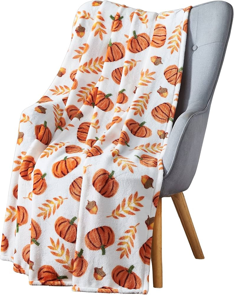 Home Decor Farmhouse Fall Fleece Throw Blanket: Harvest Pumpkins Leaves and Wheat on Velvet Fleec... | Amazon (US)