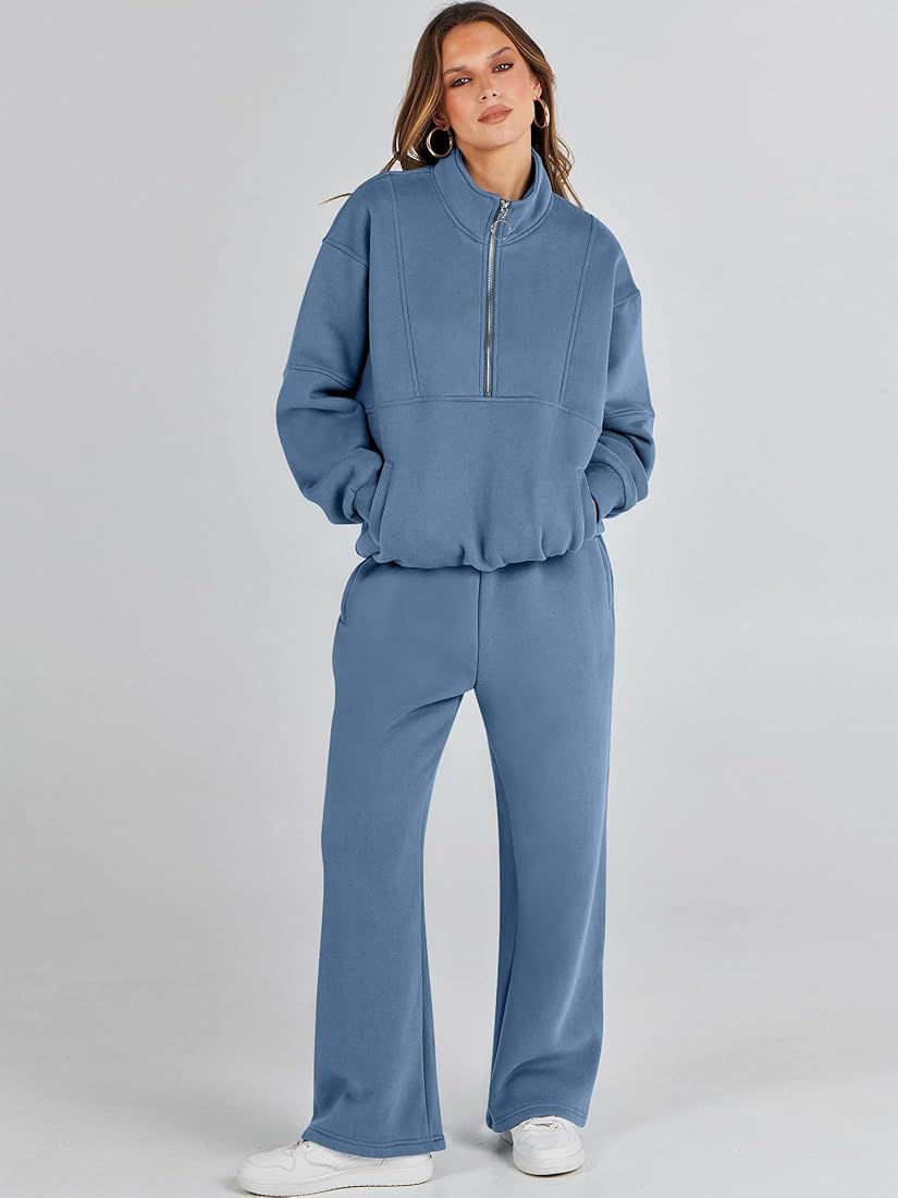 ANRABESS Women 2 Piece Outfits Sweatsuit Set 2023 Fall Oversized Half Zip Sweatshirt Wide Leg Sweatp | Amazon (US)