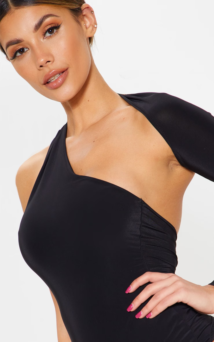 Black One Shoulder Asymmetric Bodysuit | PrettyLittleThing US