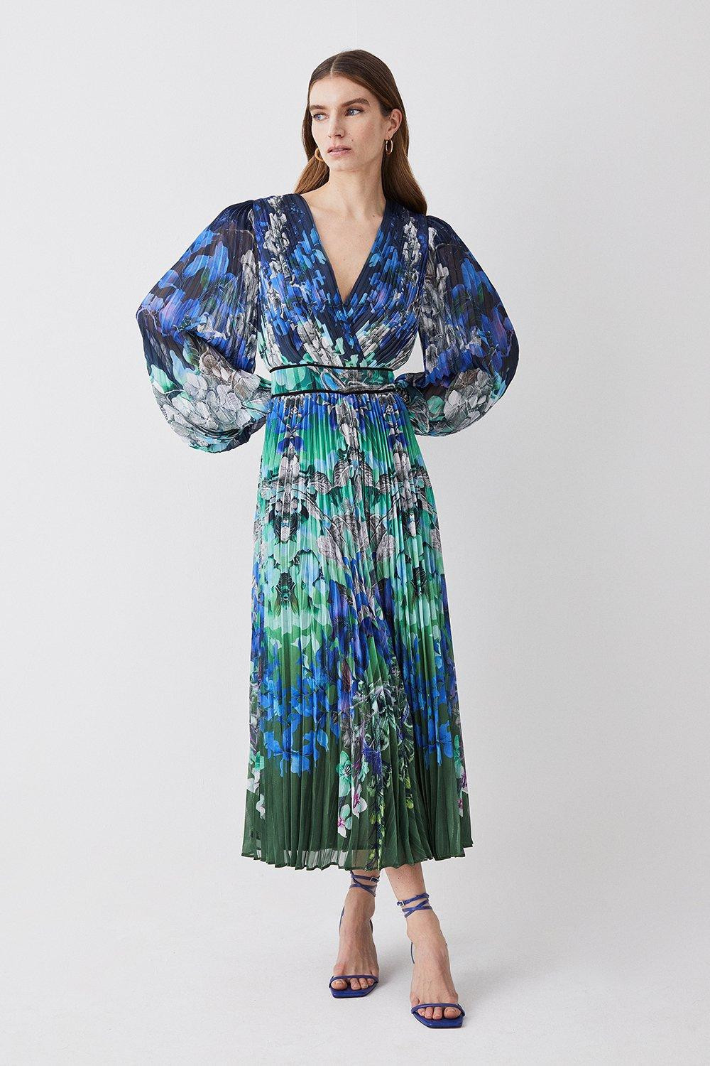 Mirrored Ombre Floral Pleat Drama Woven Midi Dress | Karen Millen US
