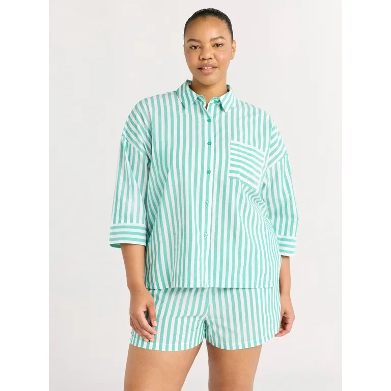 Joyspun Women’s Woven ¾ Sleeve Notch Collar Top and Boxer Shorts Pajama Set, Sizes XS-3X | Walmart (US)