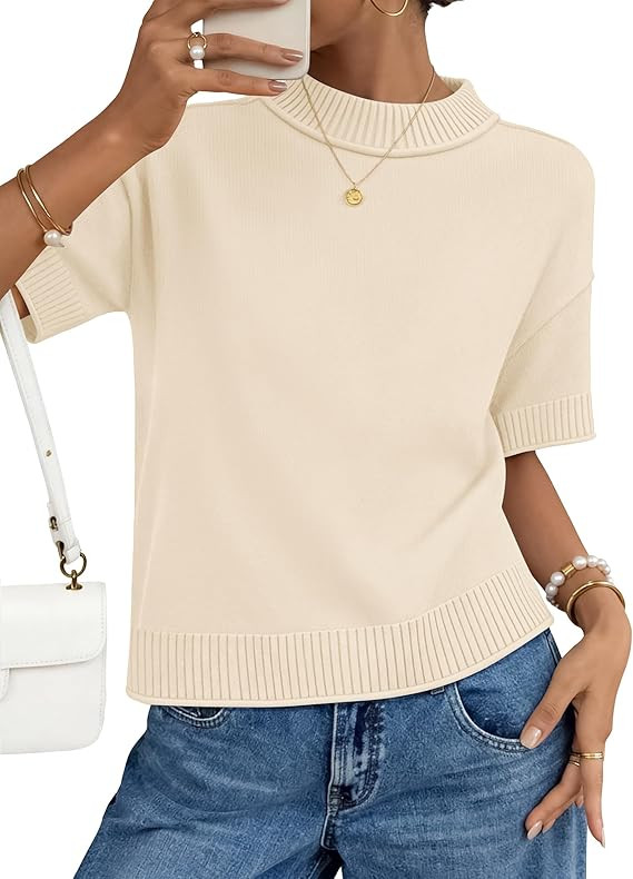 ZESICA Women's Casual Short Sleeve Sweaters 2026 Summer Oversized Crewneck Soft Knit Cropped Tops... | Amazon (US)