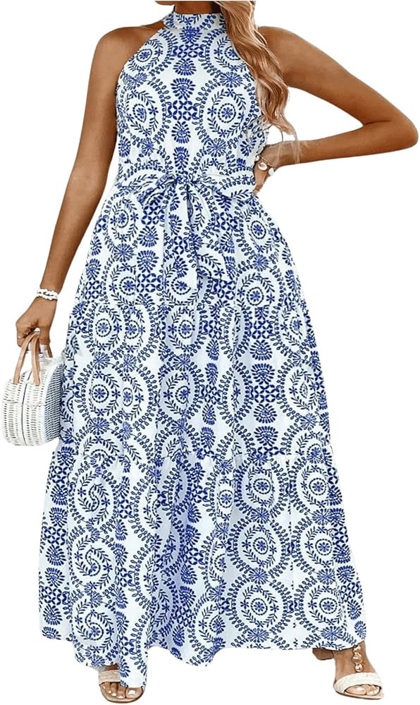 Floerns Women's Plus Size Boho Sleeveless Halter Neck Tie Back A Line Long Dress | Amazon (US)