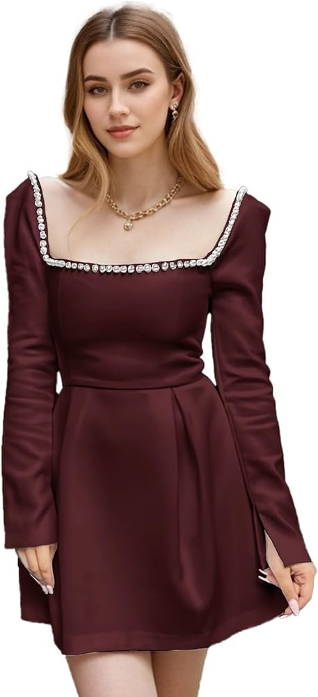 Womens Simple Wedding Dresses for Brides Long Sleeve Square Neck Ruched Satin Short Bridal Gowns | Amazon (US)