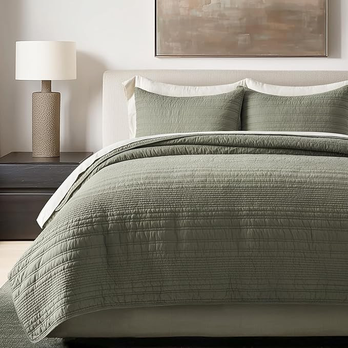 EVERGRACEHOME 100% Cotton Modern Lines Quilt Set King Size, Olive Green | Amazon (US)