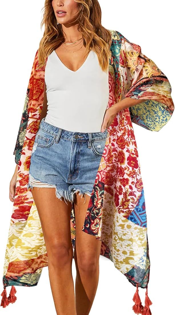 Beautiful Nomad Women's Print Kimono Cardigan Casual Swimsuit Cover Up Loose Beach Boho Tops for ... | Amazon (US)