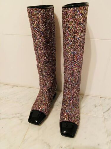 CHANEL Rare Pink Glitter Long Boots Size 37.5 Heel 5cm | eBay UK