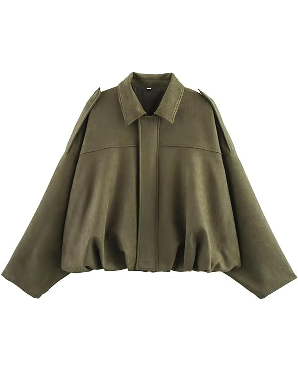 Kissonic Womens Faux Suede Bomber Jacket Oversized Batwing Long Sleeve Zip Up Cropped Coat Street... | Amazon (US)