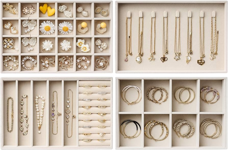Velvet Jewelry Drawer Organizer Trays – Large Beige Stackable Jewelry Storage Inserts Set, 4-La... | Amazon (US)