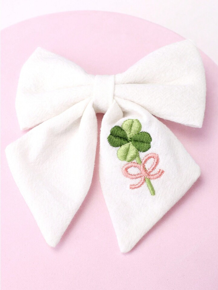 1pc Girls' White Bow Hair Clip Clover Embroidered Hair Barrette Kids' Hair Accessory | SHEIN