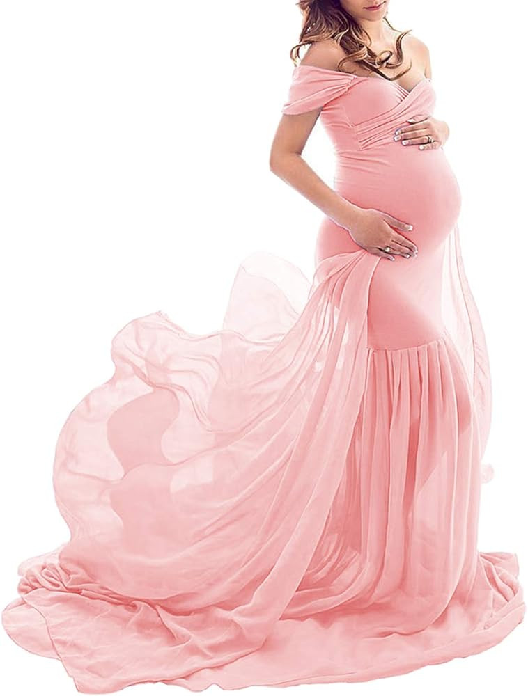 ZIUMUDY Maternity Chiffon Mermaid Gown Off Shoulder Dropped Sleeve Fitted Photo Shoot Photography... | Amazon (US)