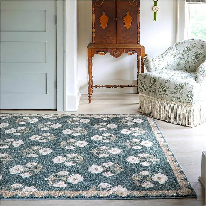 Jenni Yolo Home Louise Area Rug - 5'3" x 7' Blue Rectangle, Classic Floral with Scalloped Border,... | Amazon (US)
