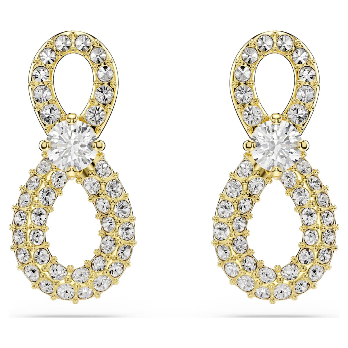 Hyperbola stud earrings, Round cut, Pavé, Infinity, White, Gold-tone plated | SWAROVSKI