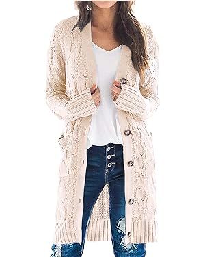 PRETTYGARDEN Long Sleeve Cable Knit Long Cardigan for Women 2024 Fall Winter Chunky Open Front Bu... | Amazon (US)