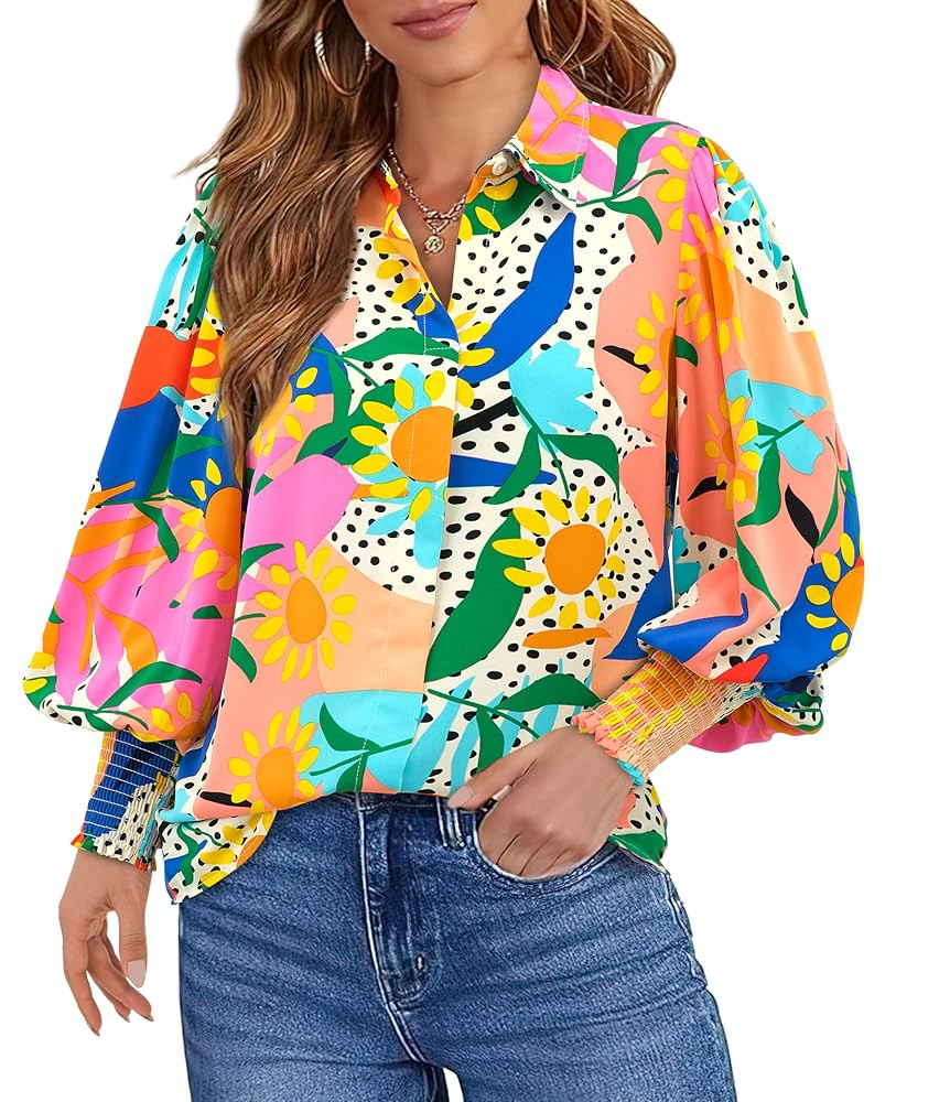 Okiwam Womens Casual V Neck Boho Blouse Long Puff Sleeve Floral Print Chiffon Shirts Colorful Sum... | Amazon (US)