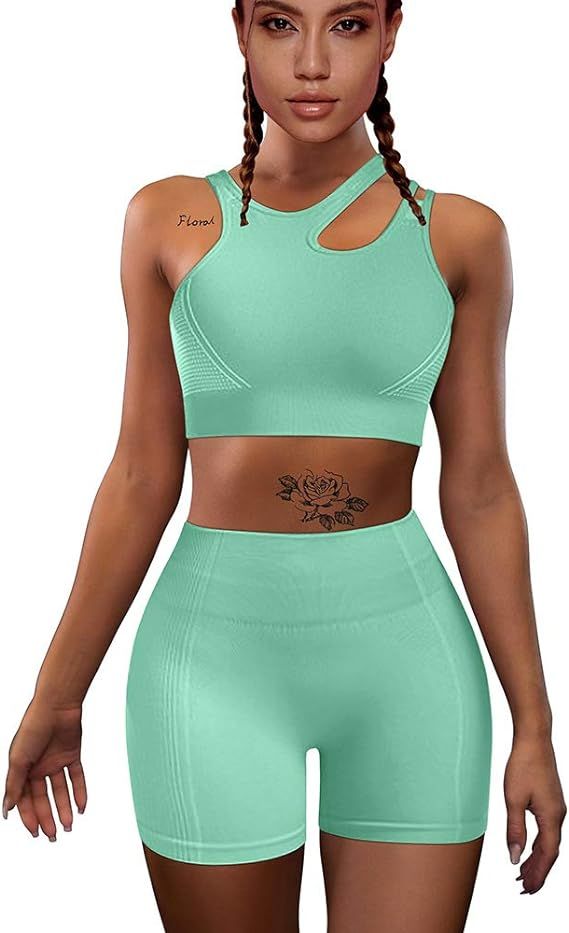 HYZ Women's Workout Yoga 2 Piece Outfits High Waist Sports Shorts Removable Padded Bra Set | Amazon (US)
