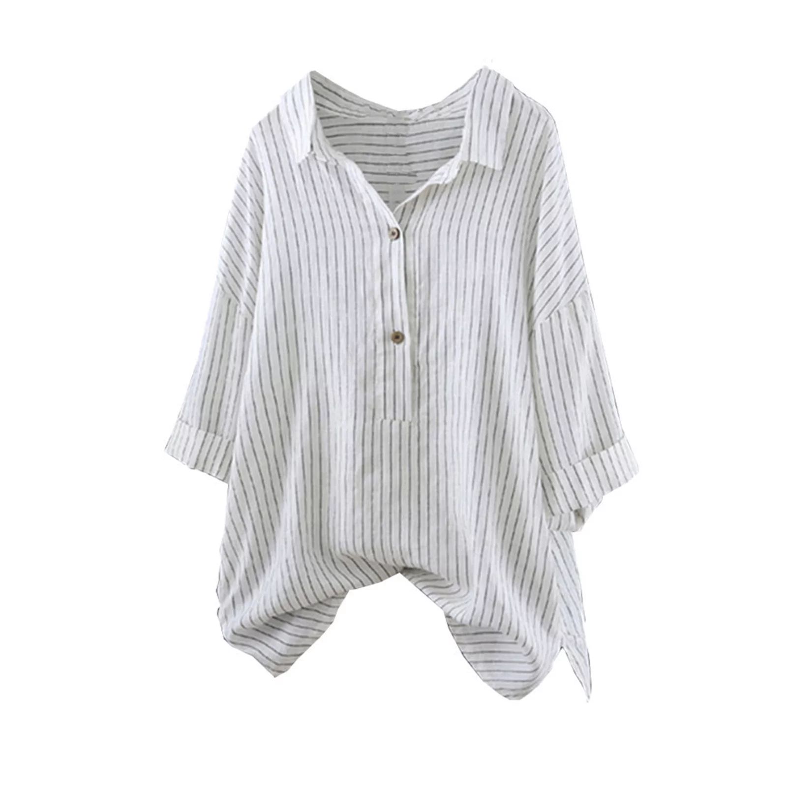 Bescita Women Cotton And Linen Button Up Pullover Striped Top T Shirt Tunic Blouse | Walmart (US)
