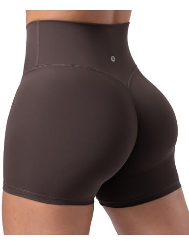 ENERBLOOM Women's Biker Shorts Workout High Waisted No Front Seam Yoga Hidden Scrunch Running Summer Gym Short 4" Mocha Brown Medium | Amazon (US)