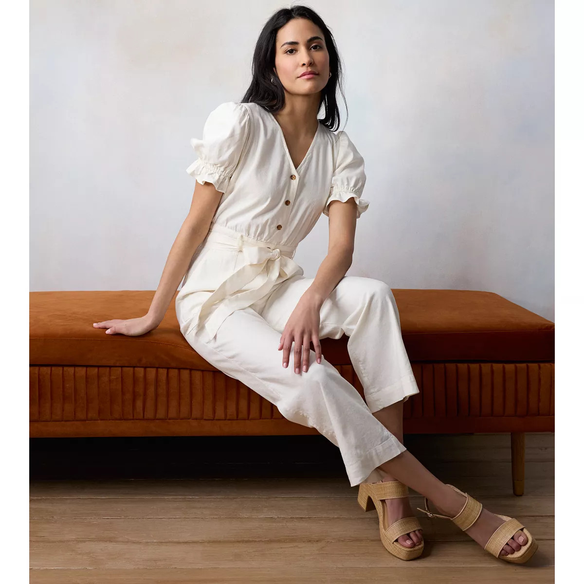 Women's LC Lauren Conrad Puff Sleeve Button Down Tie Waist V-Neck Jumpsuit | Kohl's