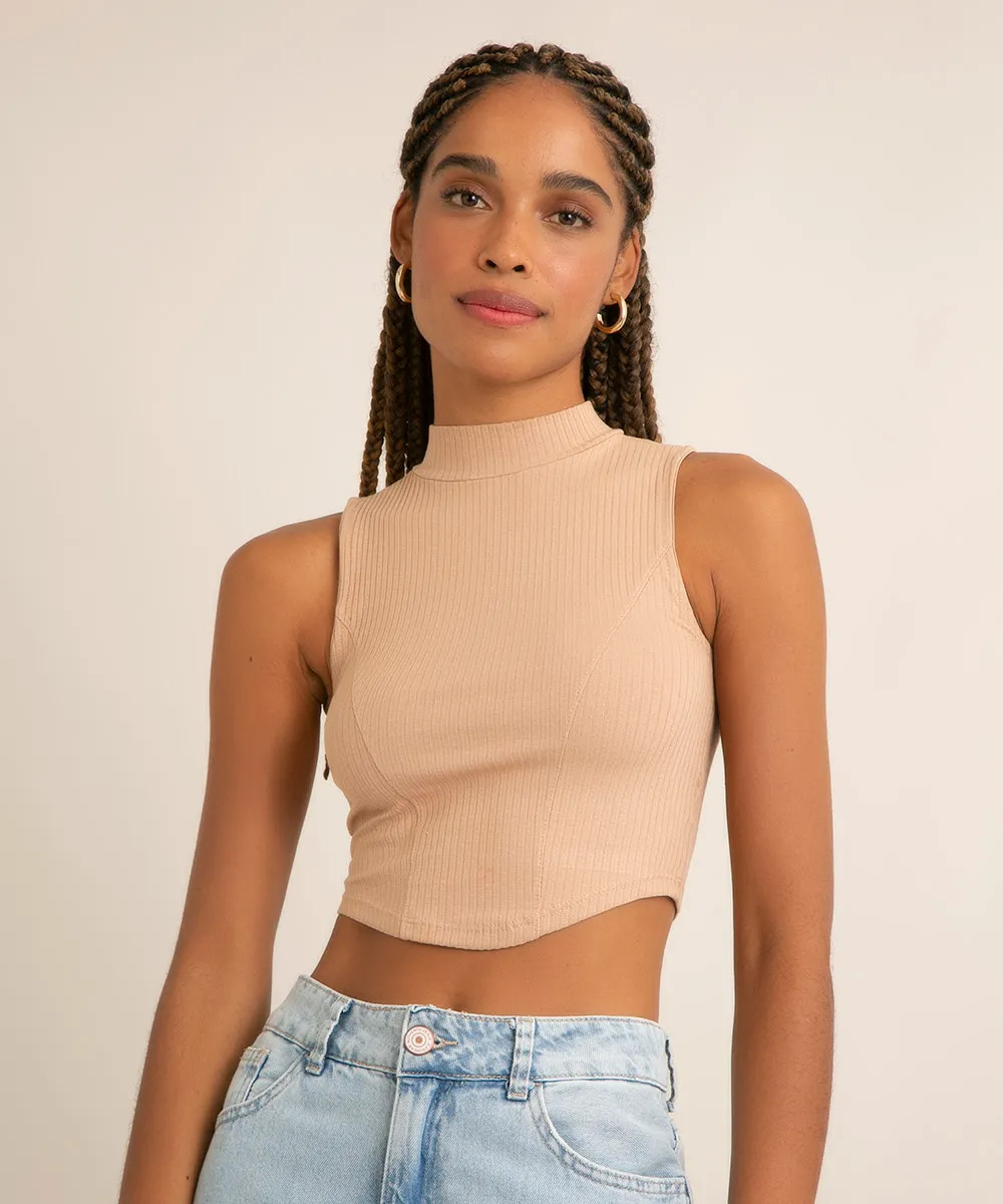 regata cropped corset canelada gola alta bege | C&A (BR)
