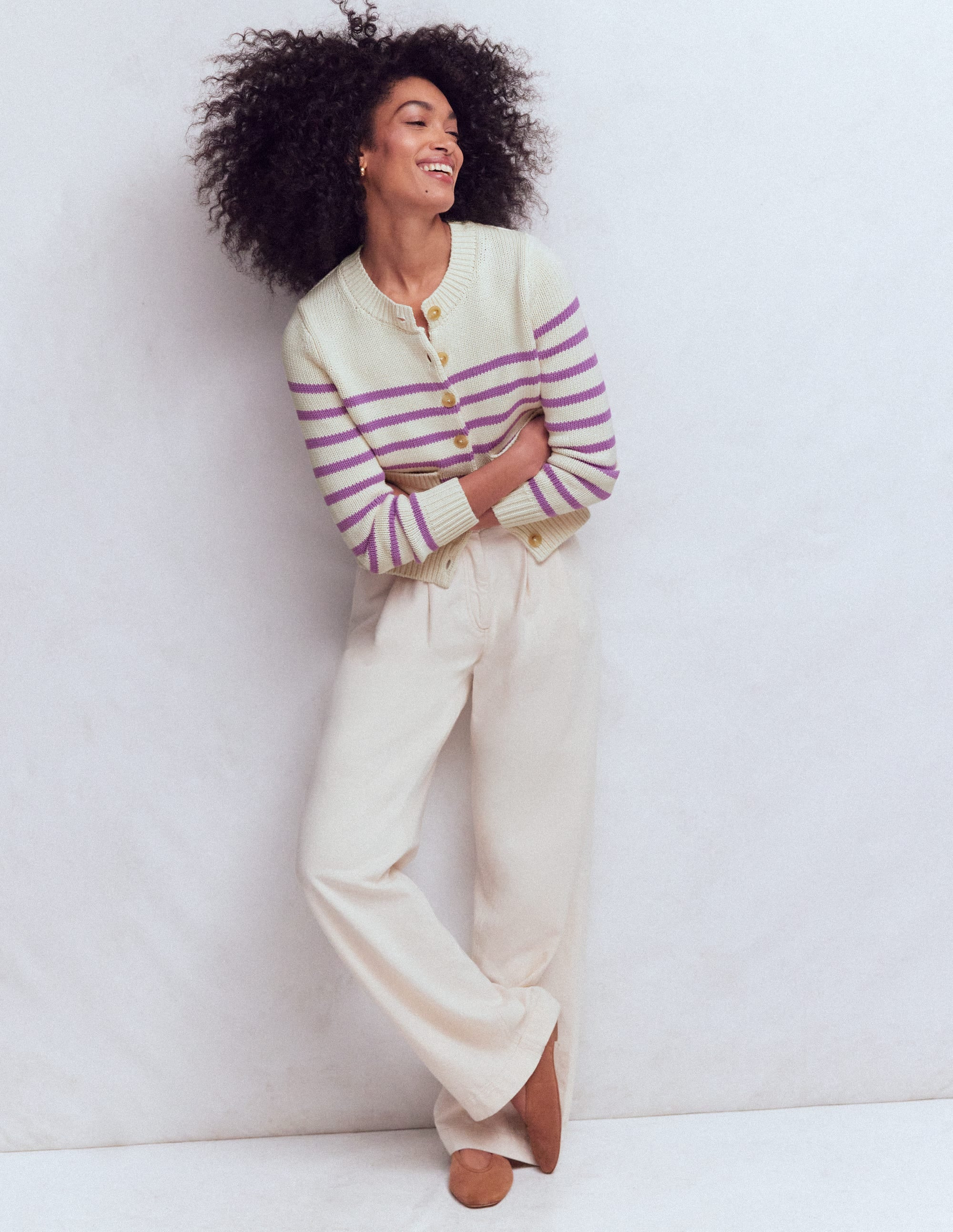 Lucy Chunky Cotton Cardigan-Warm Ivory/ Mulberry Purple | Boden (US)