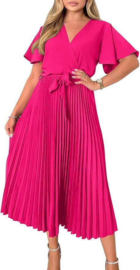 PRETTYGARDEN Women's Wrap V Neck Satin Dress Ruffle Short Sleeve Tie Waist Midi Dress Pleated A-L... | Amazon (US)