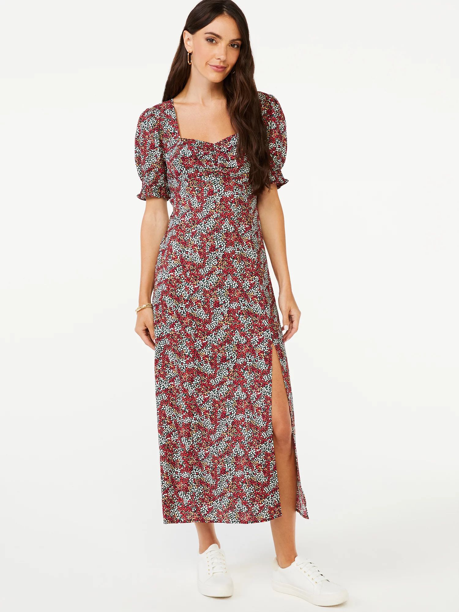 Scoop Women's Short Puff Sleeve Sweetheart Midi Dress | Walmart (US)
