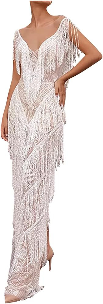 Oplxuo Women's Tassels Cocktail Dresses Sleeveless 1920s Flapper Dress Fringed Long Dress Elegant... | Amazon (US)