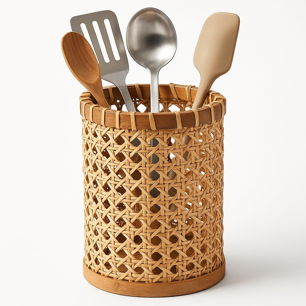 Boho Utensil Holder - Handwoven Rattan Utensil Holder for Kitchen and Countertop | Natural Woven ... | Amazon (US)