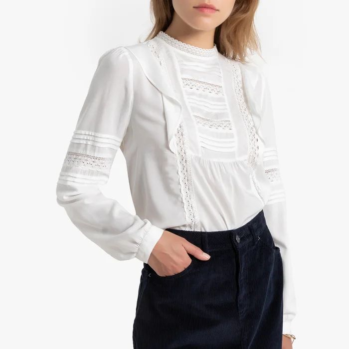 High Neck Ruffled Blouse with Embroidery and Long Sleeves | La Redoute (UK)