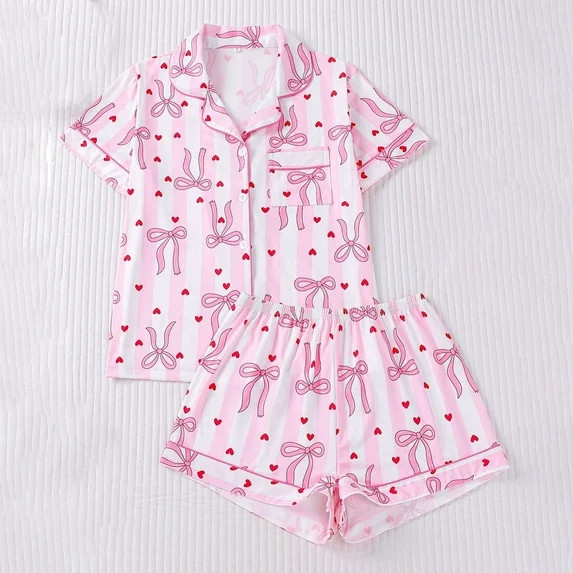 FASHOFT Valentine's Day Pajamas for Women Set Bow Printing Button Up Pjs Short Sleeve Ruffle Slee... | Walmart (US)