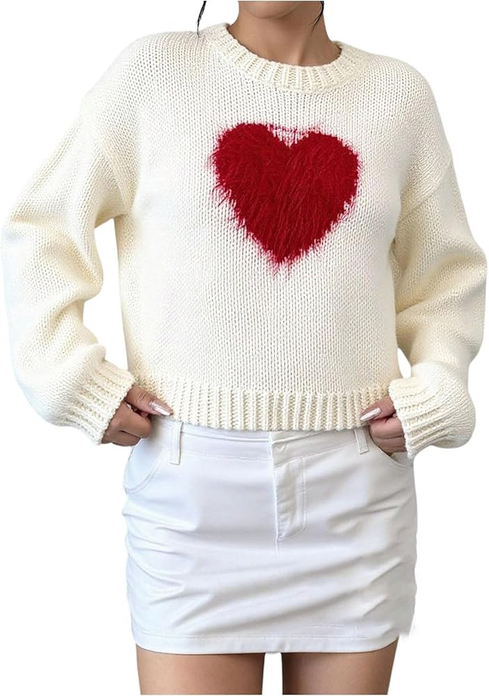 Floerns Women's Cute Heart Sweater Crew Neck Trendy Knit Pullover Tops Fall Outfit | Amazon (US)