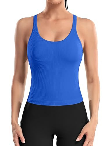 ATTRACO Womens Athletic Tank Tops Ribbed Workout Crop Top with Built in Bra Royal Blue M | Amazon (US)