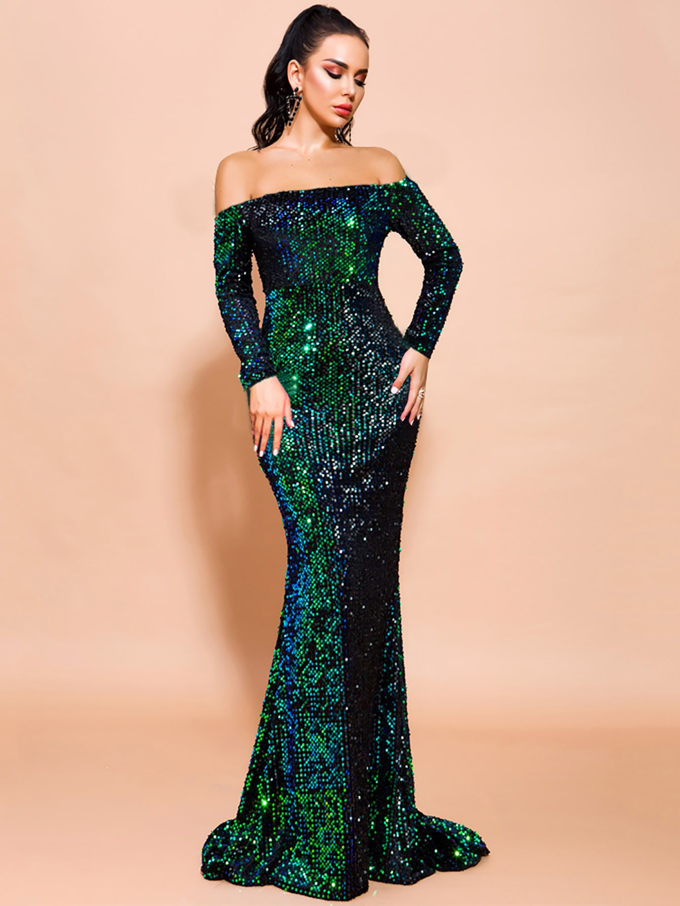 Missord Off Shoulder Iridescent Sequin Fishtail Prom Dress | SHEIN