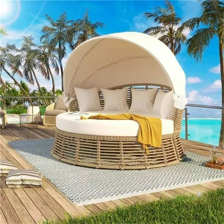 Outdoor Daybed Set with Retractable Canopy, PE Wicker Furniture Round Poolside Sofa Sunbed with Removable Cushions for Backyard, Porch, Beige | Walmart (US)