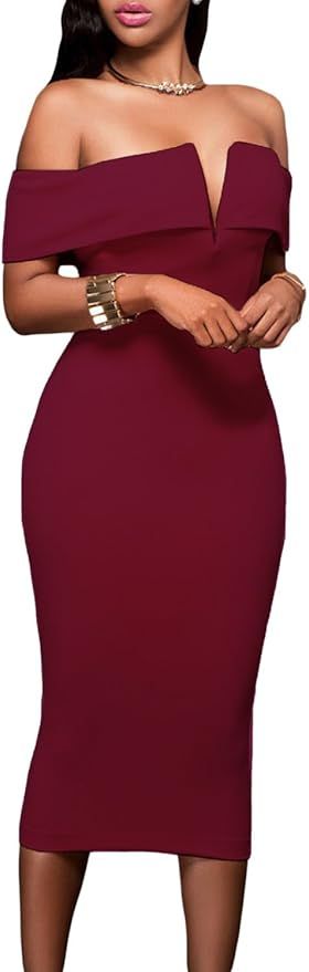 Amazon.com: Alvaq Women's Sexy V Neck Off The Shoulder Evening Bodycon Club Midi Dress,Burgundy,S... | Amazon (US)