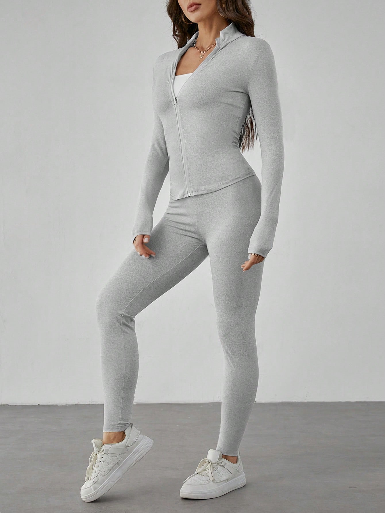 SHEIN Tall Black Two Piece Set Sportswear Zip Up Jacket & Leggings | SHEIN