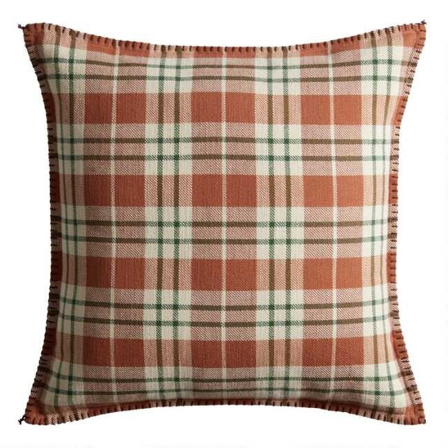 Orange, Green And Ivory Plaid Throw Pillow | World Market
