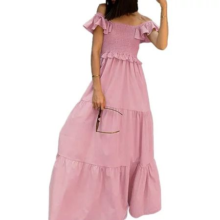 Grianlook Ladies Sexy Maxi Dresses Summer Sundress Boho Swing Long Dress Off Shoulder Ruffle Dress f | Walmart (US)