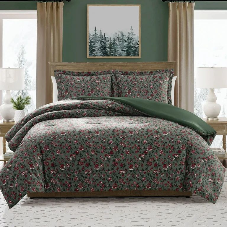 My Texas House Stacy 3-Piece Green Floral Printed Velvet Comforter Set, King | Walmart (US)