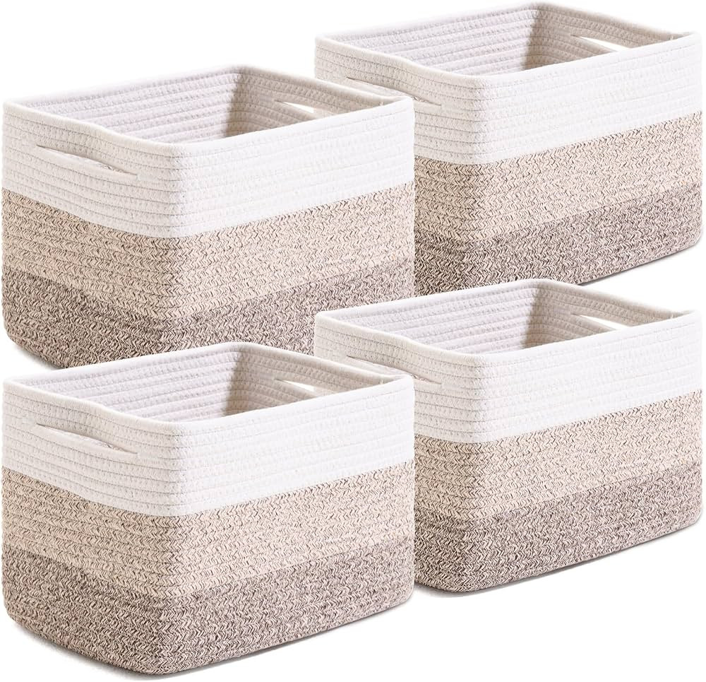 Small Storage Baskets for Organizing Shelves, Woven Cotton Rope Basket for Storage, Cute Rectangu... | Amazon (US)