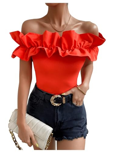 OYOANGLE Women's Ruffle Trim Off Shoulder Short Sleeve Blouse Party Tops Shirt | Amazon (US)
