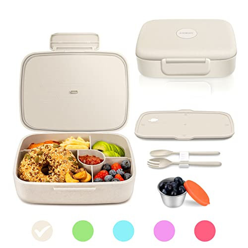 ANDMOON Bento Lunch Box, 5 Compartments Lunch Container for Kids/Adults with Snack cup, Wheat Fiber Eco-Friendly Double Insulated Boxes, Dishwasher and Microwave Safe, BPA-Free (White) | Amazon (US)