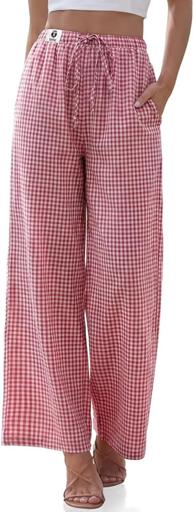 TARSE Womens Linen Striped Gingham Wide Leg Pants Palazzo Drawstring Lounge Pajama Pants Cute Cas... | Amazon (US)