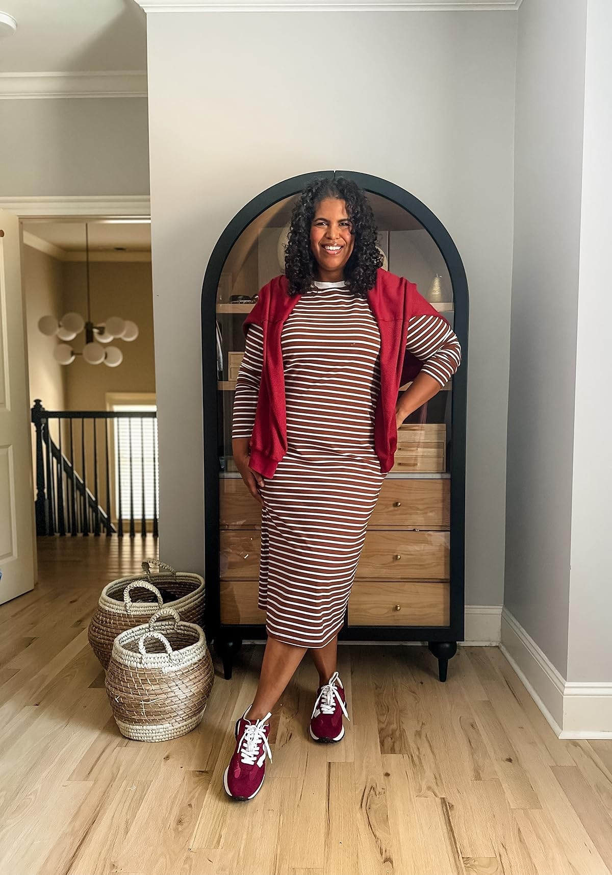 Feeling cozy in my new Amazon finds. Loving this comfy striped and stylish sneakers. Wearing xxl in dress and pullover. Perfect for a relaxed yet stylish look. #amazonfashion #fallstyle