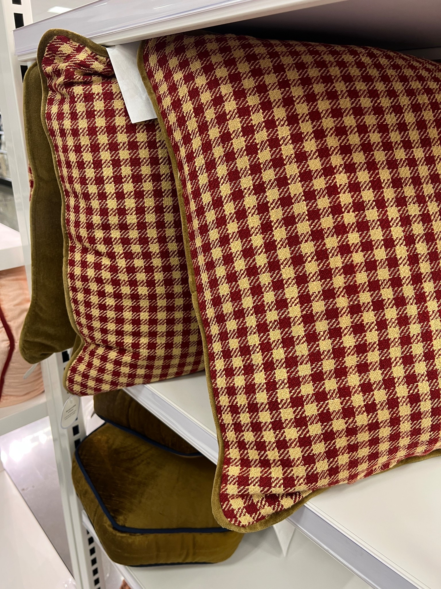 Upgrade the look of your space with this Gingham + Velvet Reverse Pillow from Threshold designed with Studio McGee. This 20-inch square pillow with self-cord edging showcases a classic gingham-pattern upper in deep red and brown hues, complemented by a solid velvet reverse in brown for an elegant look. Featuring a soft-fabric exterior and a well-filled interior, this throw pillow adds the right amount of comfort and style to your sofa, couch, bench or bed.

Threshold™ designed with Studio McGee: Looks like home, feels like you.

Add stylish flair to your decor with this Textured velvet hexagon Pillow from Threshold designed with Studio McGee. This 16-inch hexagonal-shaped pillow is designed with a 5-inch gusset and showcases an olive-color textured velvet surface, trimmed with dark piping edges for a graceful look. Featuring a cotton-viscose blend exterior and a well-filled interior, the throw pillow is perfect for layering on your bed, brightening up the sofa, or adding a fun accent to your reading nook.

#LTKSeasonal #LTKFindsUnder50 #LTKHome