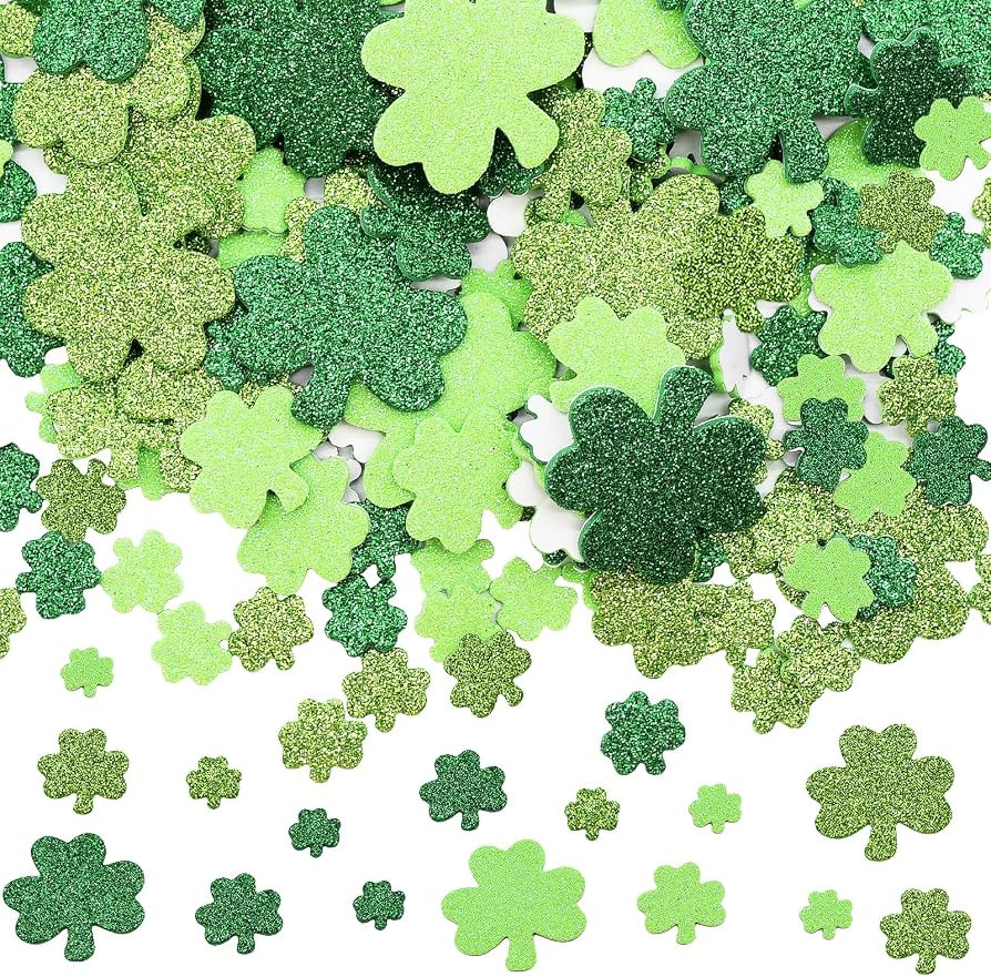 300 Pieces Green Glitter Shamrock Foam Stickers for St Patrick's Day - Lucky Clover Foam Stickers... | Amazon (US)