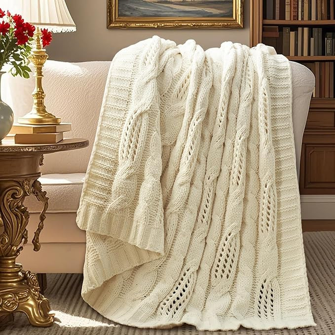 Amélie Home Chunky Knit Throw Blanket, Dual-Sided Soft Chenille Breathable Cable Knitted Blanket... | Amazon (US)