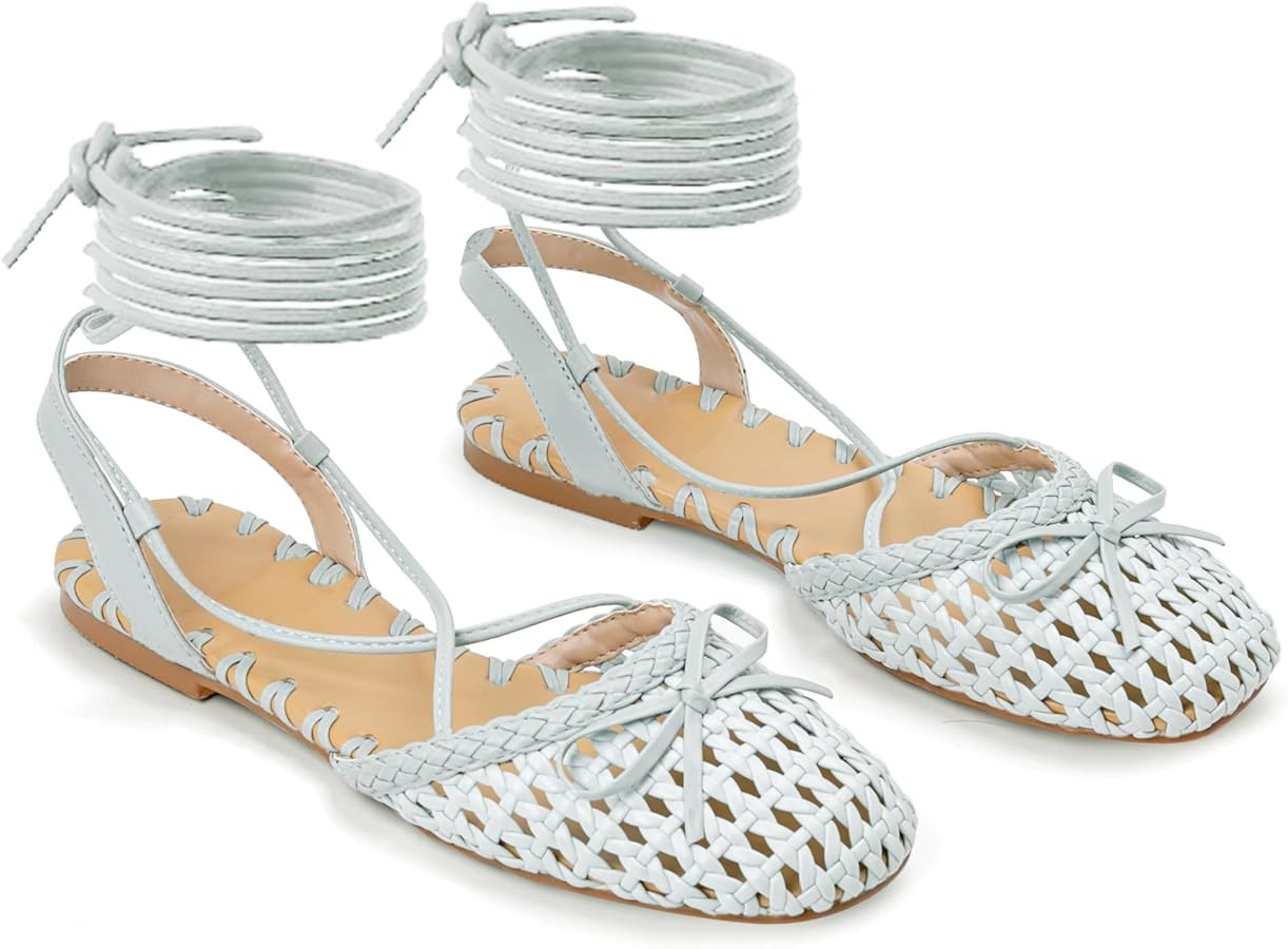 Woven Ballet Flats for Women Lace Up Closed Square Toe Summer Flats Shoes | Amazon (US)